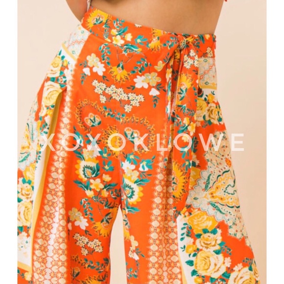 Orange Boho Print Two Piece Set Handkerchief Top Wide Leg Pants - Picture 7 of 12